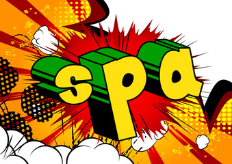 Spa - Comic book style phrase on abstract background.