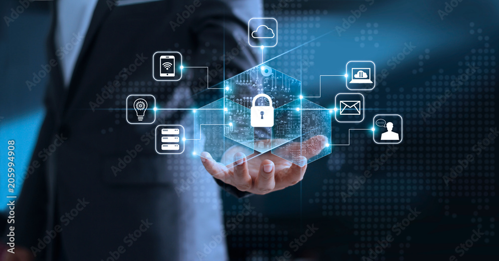 Poster Data protection privacy concept. GDPR. EU. Cyber security network. Business man protecting his personal data information. Padlock icon and internet technology networking connection