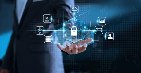 Data protection privacy concept. GDPR. EU. Cyber security network. Business man protecting his personal data information. Padlock icon and internet technology networking connection