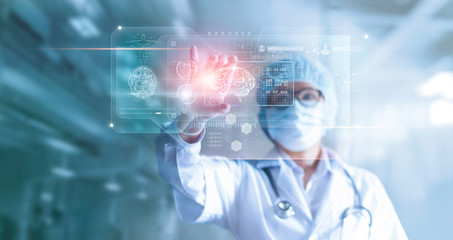 Doctor, surgeon analyzing patient brain testing result and human anatomy on technological digital futuristic virtual computer interface, digital holographic, innovative in science and medicine concept - Powered by Adobe