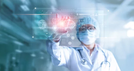 Poster Doctor, surgeon analyzing patient brain testing result and human anatomy on technological digital futuristic virtual computer interface, digital holographic, innovative in science and medicine concept © ipopba