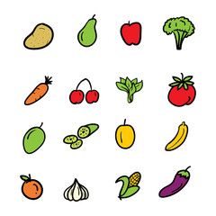 hand drawn doodle fruits and vegetables icon set vector illustration