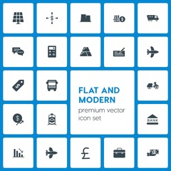 Modern Simple Set of business, transports, industry, money Vector fill Icons. Contains such Icons as  plant,  environment,  travel,  cent and more on dark background. Fully Editable. Pixel Perfect