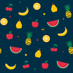 Fruit seamless pattern. Summer exotic juicy watermelon, banana, apple, orange citrus, cherry, pineaple. Fabric textile modern trendy design. Vector illustration. Dark background