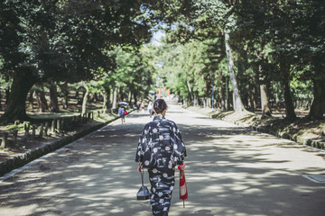 奈良公園を歩く着物女性