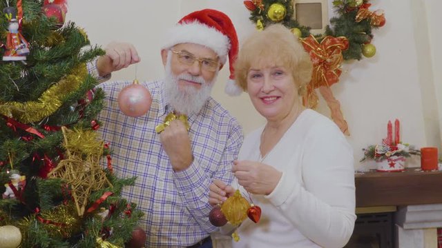 Married mature couple decorate Christmas tree at home