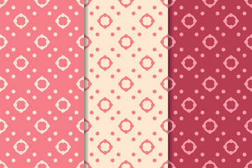 Cherry red geometric ornaments. Set of seamless patterns