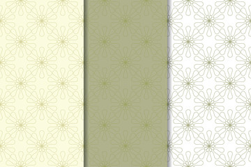 Olive green set of floral ornaments. Seamless patterns
