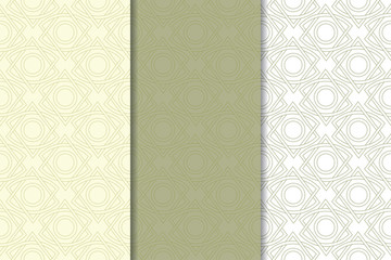 Olive green and white geometric seamless patterns