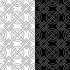 Set of geometric ornaments. Black and white seamless patterns