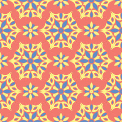 Fototapeta premium Floral seamless pattern. Bright pink orange background with yellow and blue flower elements