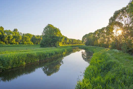 Canal in the countryside in the light of sunrise in spring 