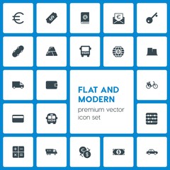 Modern Simple Set of business, transports, industry, money Vector fill Icons. Contains such Icons as euro, mail,  side,  currency,  shipping and more on dark background. Fully Editable. Pixel Perfect