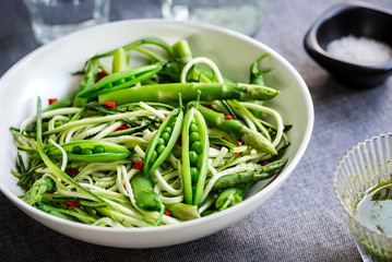 Zucchini Zoodles with Asparagus, Green Peas Salad with Basil dressing