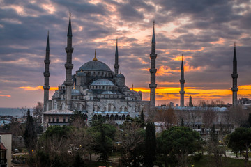 Naklejka na ściany i meble Sunset in blue mosque Istanbul
