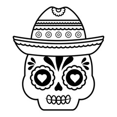 sugar skull with mexican hat over white background, vector illustration