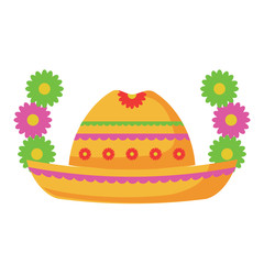 decorative wreath of flowers and mexican hat over white background, vector illustration