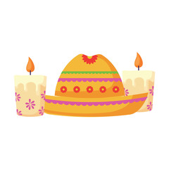 mexican hat and candles over white background, vector illustration