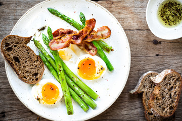 Bacon ,Seared Asparagus and Soft boiled egg with Rye bread