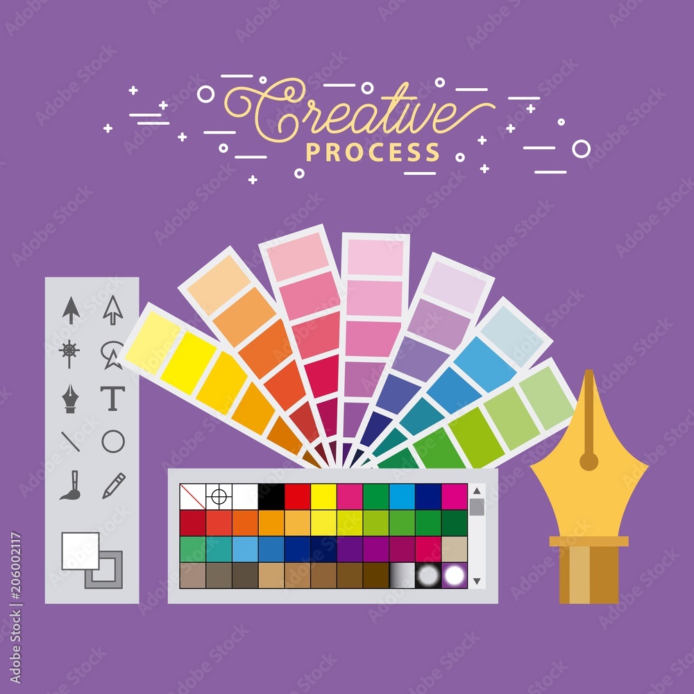 Sticker set creative process working tools graphic design vector illustration