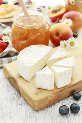 Blue cheese on breakfast table.
