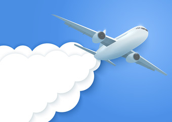 Fototapeta premium Plane in the clouds. Aircraft and paper clouds. Vector.