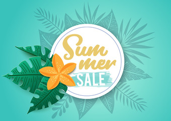 Summer sale, banner with tropical flowers and leaves. Vector