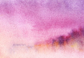 A pink hand painted watercolor background. Abstract imitation of sunset sky. Bright gradient from lilac to light pink on a textured paper.