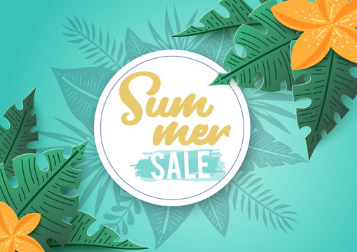 Summer sale, banner with tropical flowers and leaves. Vector