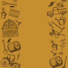 Seamless borders of farming equipment icons. Farming tools and agricultural machines decoration, sketch illustration. Vector
