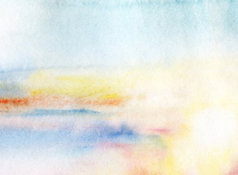 A hand painted watercolor background. Multicolored gradient in pastel colors: blue, turquoise, orange, ultramarine, yellow, white. Drawn on a textured paper.