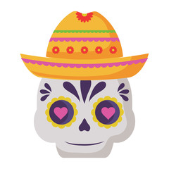 sugar skull with mexican hat over white background, vector illustration