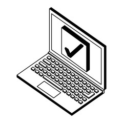 laptop check mark security data isometric vector illustration black and white