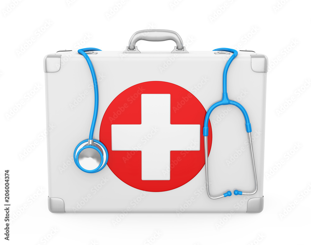 Wall mural first aid kit and stethoscope isolated