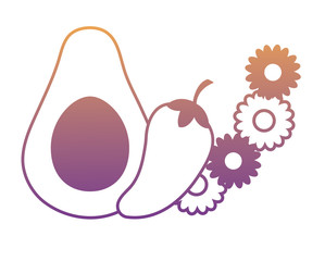 decorative wreath of flowers with avocado and red pepper over white background, vector illustration