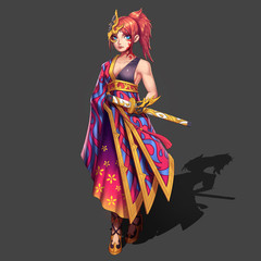 Cold,Elegant,Hot Beautiful Samurai Girl with Swords.Anime and Cartoon Style isolated on White Background.Video Game's Digital CG Artwork,Concept Illustration,Realistic Cartoon Style Character Design   © info@nextmars.com