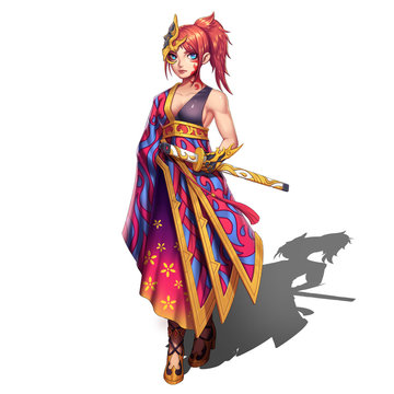 Cold,Elegant,Hot Beautiful Samurai Girl with Swords.Anime and Cartoon Style isolated on White Background.Video Game's Digital CG Artwork,Concept Illustration,Realistic Cartoon Style Character Design                         
