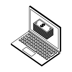 laptop stacked banknote payment money isometric vector illustration black and white