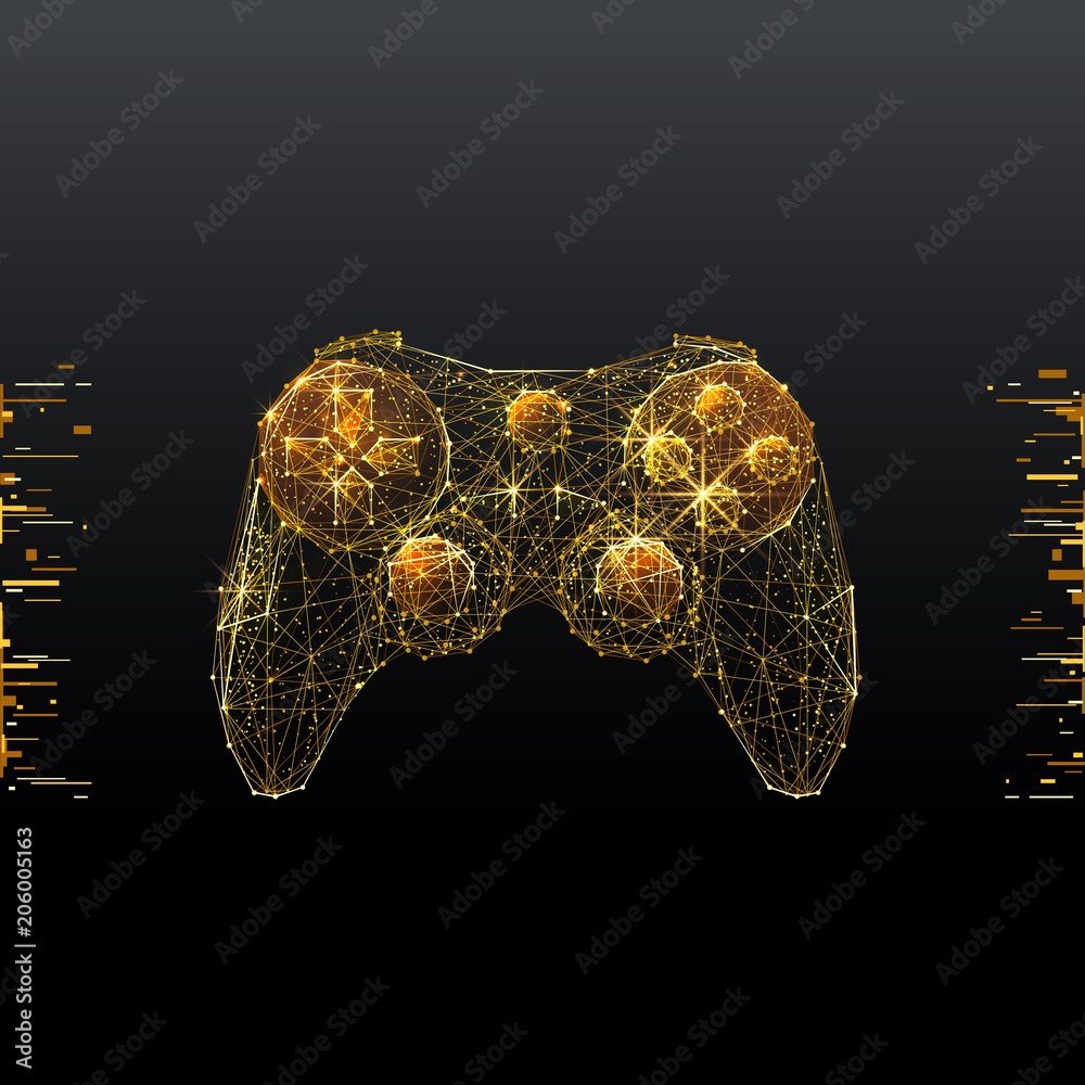 Poster Joystick. Low poly wireframe illustration of computer games in gold style. Polygonal vector image in RGB color. Video games concept.