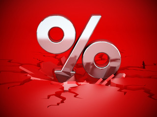 Percentage symbol with arrow on cracked ground. 3D illustration