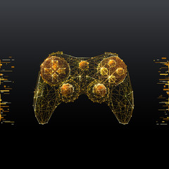 Joystick. Low poly wireframe illustration of computer games in gold style. Polygonal vector image in RGB color. Video games concept. © AntonKhrupinArt