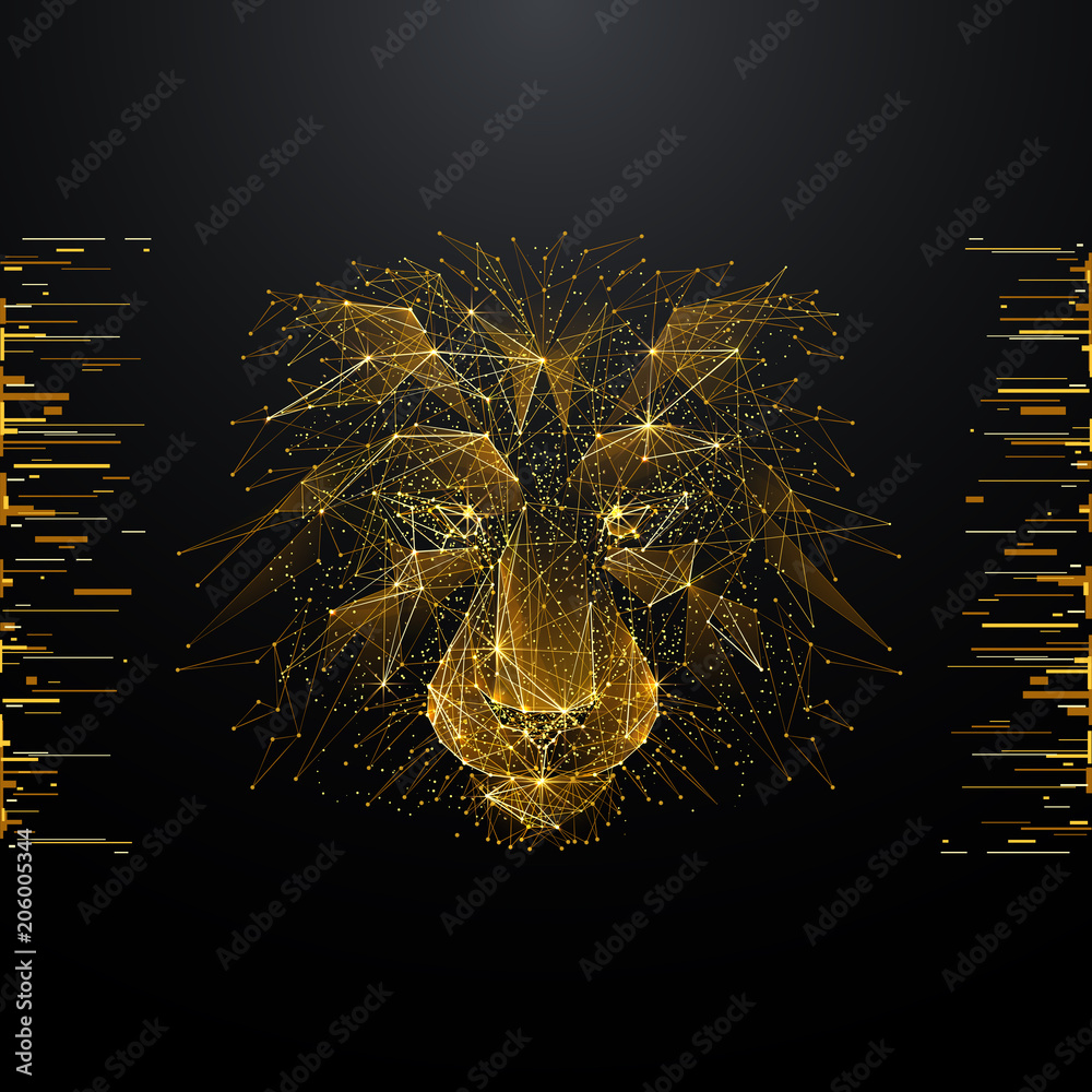 Poster lion. low poly wireframe illustration of lion's head in gold style. polygonal vector image in rgb co