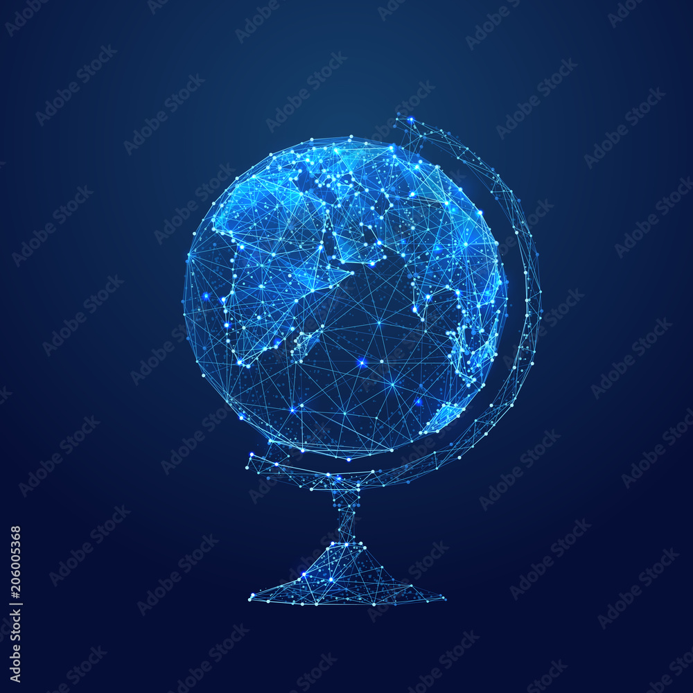 Poster Abstract vector image of globe. Planet Earth Low poly wire frame illustration. Lines and dots. RGB Color mode. Earth concept. Polygonal art.