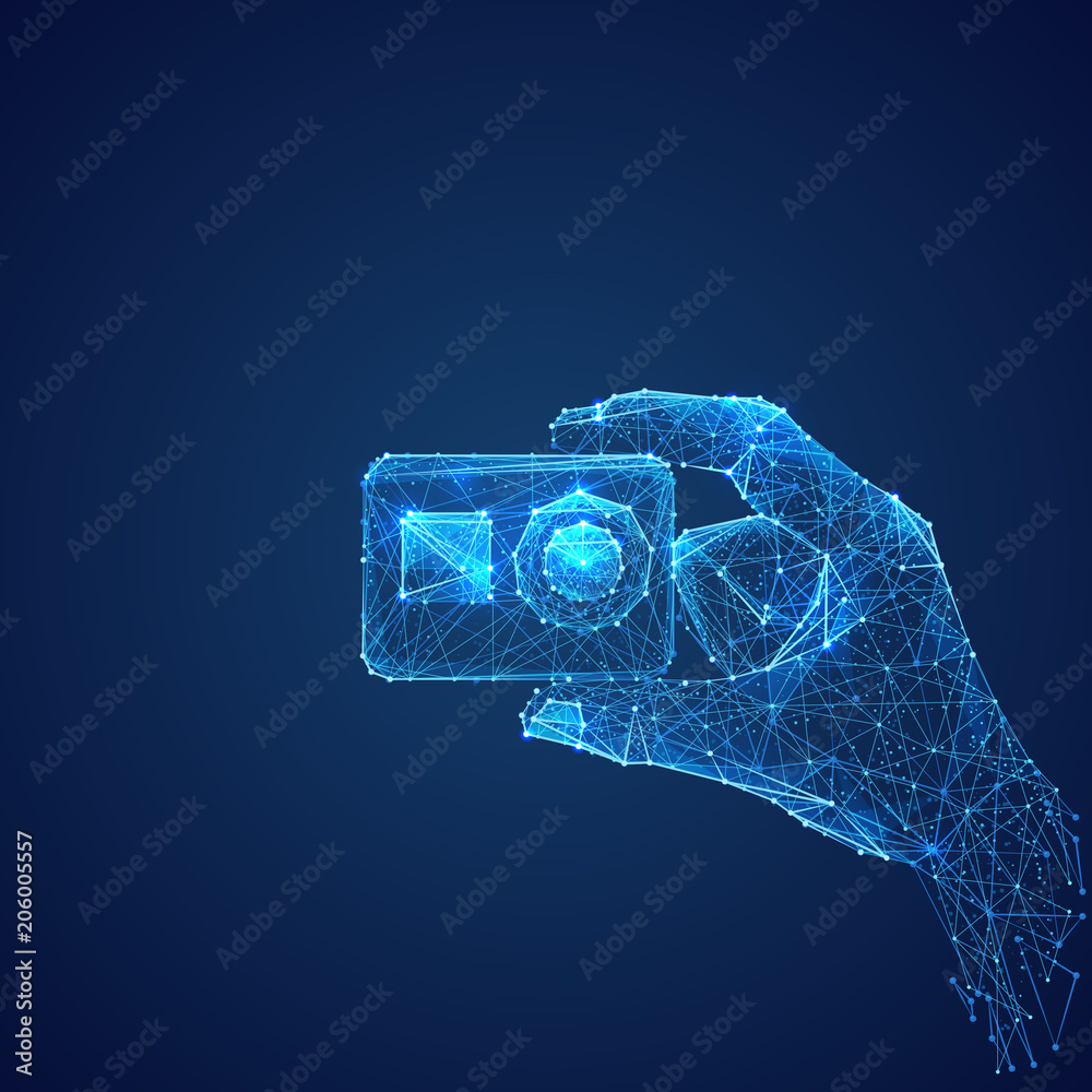 Aufkleber Abstract vector image of action camera in hand . Low poly wire frame illustration. Lines and dots. RGB Color mode. Video blog concept. Polygonal art.