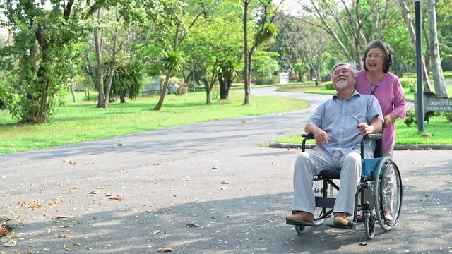 Senior person in wheel chair in park. Old Asia man in wheel chair with his wife taking a walk in park in morning.