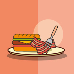 fast food burger and bacon with fork in dish vector illustration