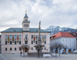 Bad Reichenhall, historic town hall with fountain, Bavaria, Germany.