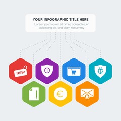 Flat geometric security, email, shopping infographic steps template with 7 options for presentations, advertising, annual reports