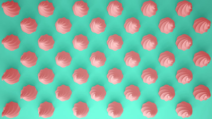 Flat colorful pop art composition with pink party cupcakes, bakery goodies, on turquoise background, pattern texture copy space