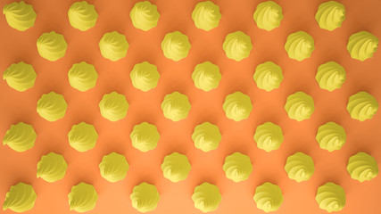 Flat colorful pop art composition with yellow party cupcakes, bakery goodies, on orange background, pattern texture copy space